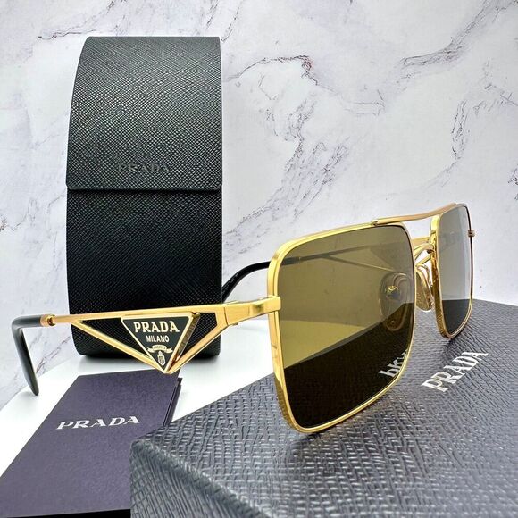PRADA Sunglasses Gold Metal Square Triangle Black Logo Made in Italy Authentic - Picture 15 of 16